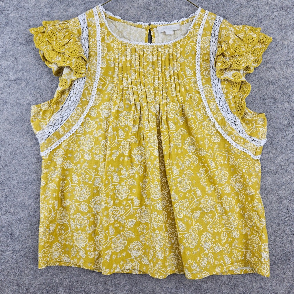 Jennifer & Grace Floral Pintuck Lace Top Women's S Yellow Eyelet Flutter Sleeve